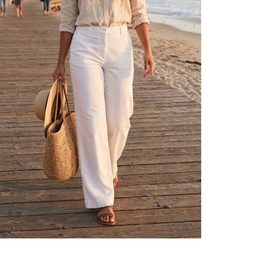 Talbots White Cotton Linen Blend Wide Leg Pants Size 12 High Rise Trousers